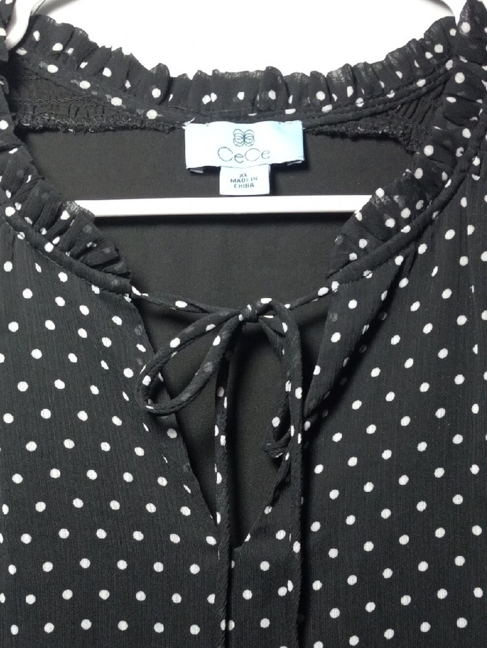 CeCe Black and White Polka Dot Tie-Neck Blouse - Picture 5 of 7